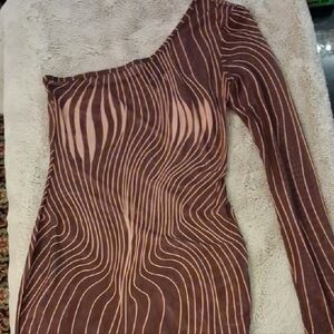 One-Shoulder See Through Brown Dress